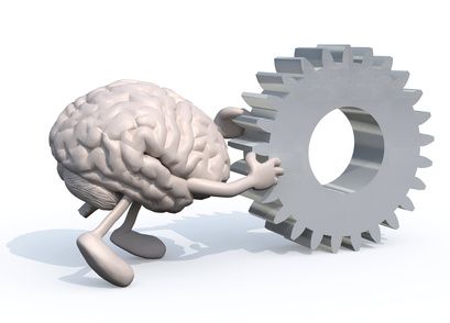 brain with arms and legs pushing a big gear