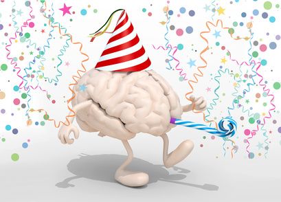 brain with arms, legs, party cap and blowers